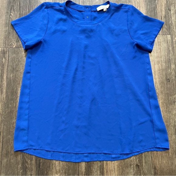 LOFT Short Sleeves Crew Neck Pleated Back Royal Blue Relaxed Fit Top Blouse MP - Picture 5 of 11